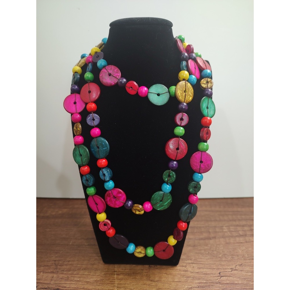 Vtg Vibrant Layer Necklace Bohemian BOHO Hippie Wooden Circle Bead Necklace J266
